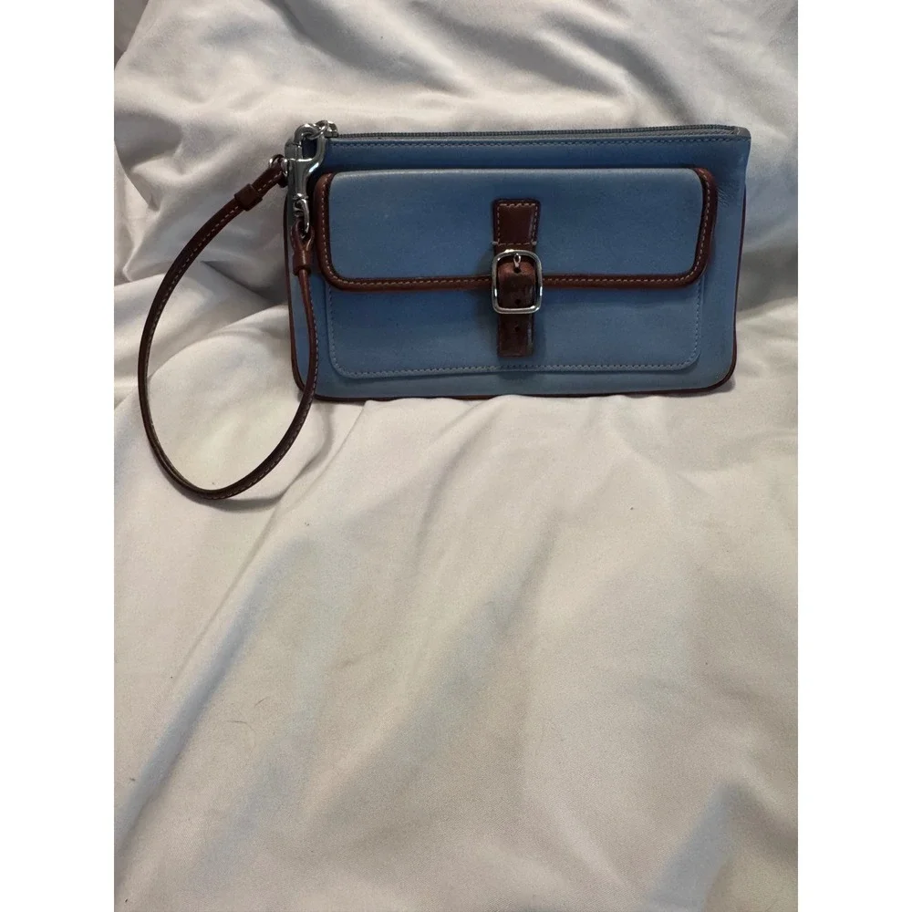 Coach Vintage Soho Leather Wristlet Light Blue Brown Trim Buckle Front Pocket.